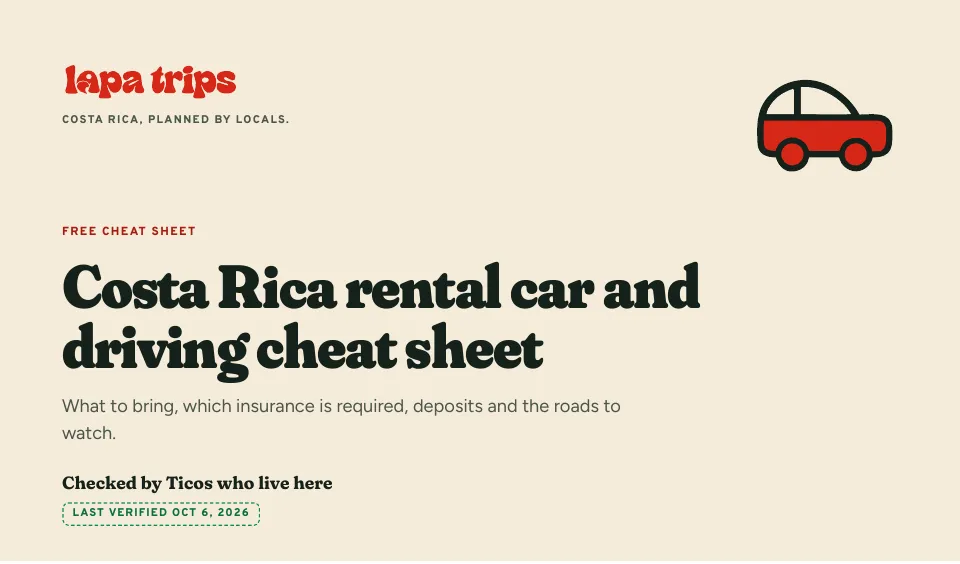 Cover of the free Costa Rica rental car and driving cheat sheet